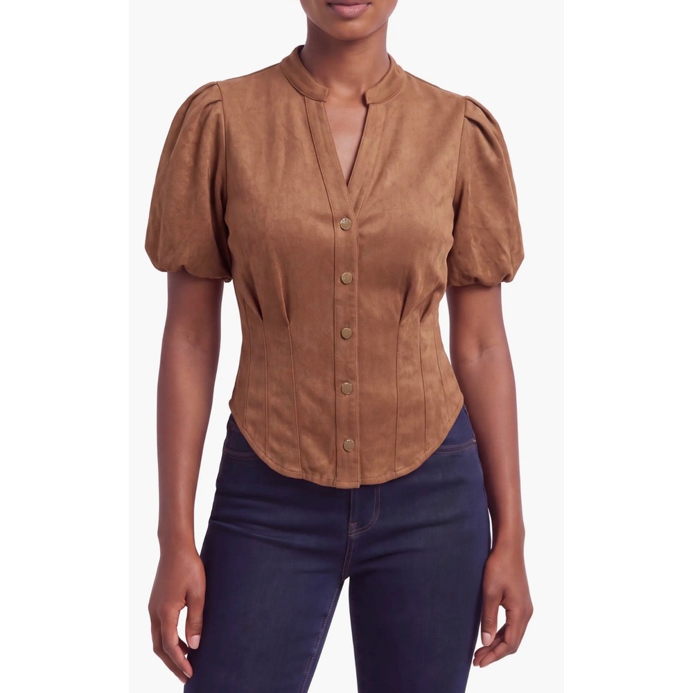 Bagatelle Structured Corset Seams Puff Sleeve Faux Suede Button Front Blouse XL